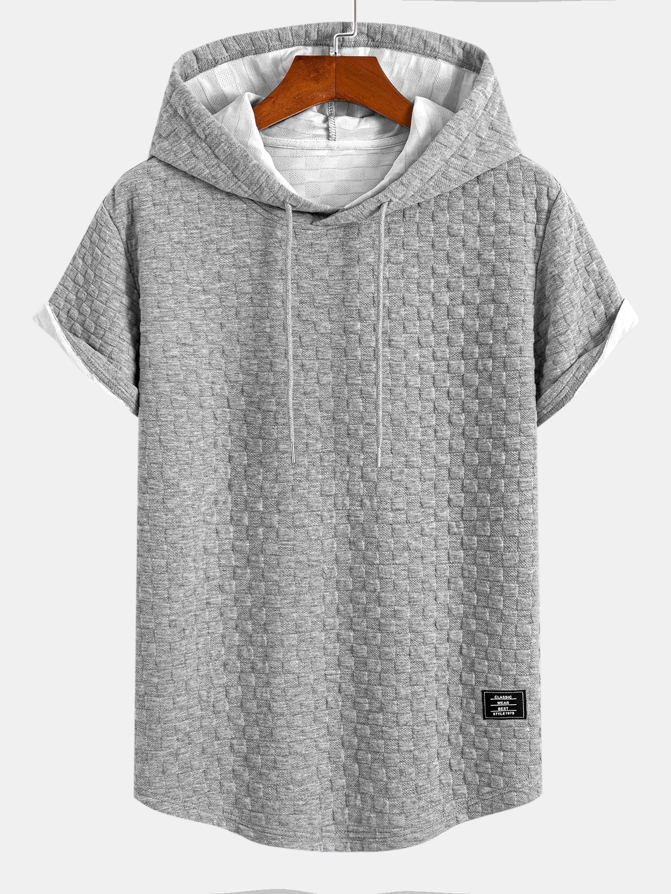 Checkerboard Jacquard Arc Hem Hooded T-Shirt