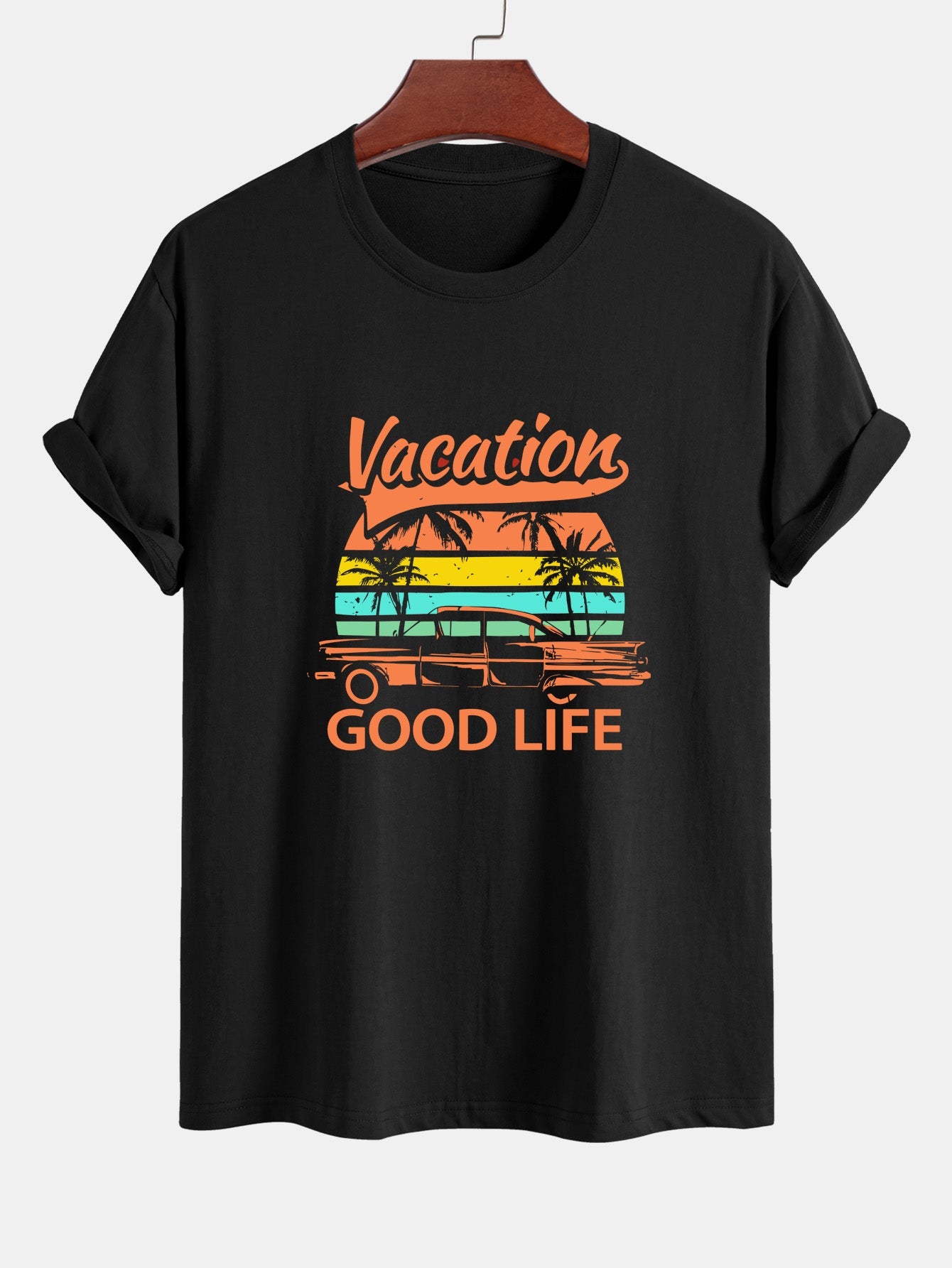Regular Fit Good Life On Vacation Print Cotton T-Shirt & Man Mid Length Drawstring Swim Shorts