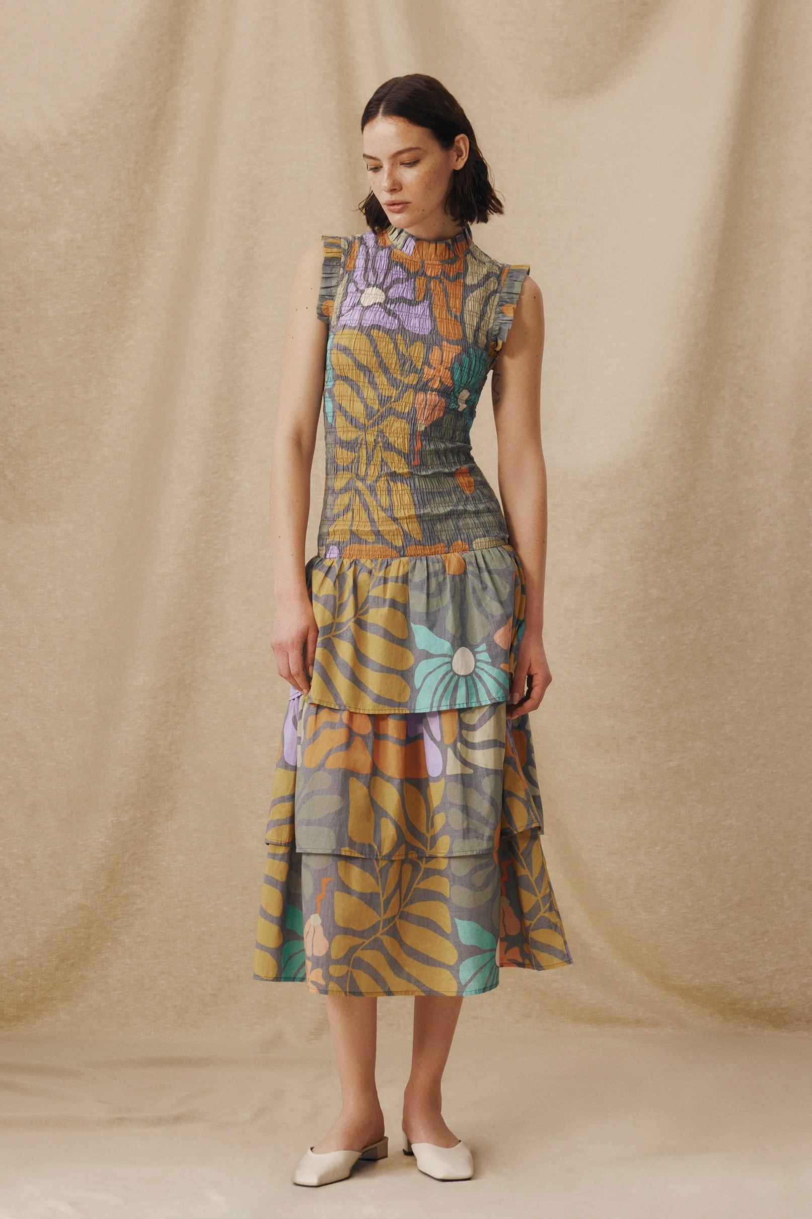 Multicolor Botanical Print Midi Dress