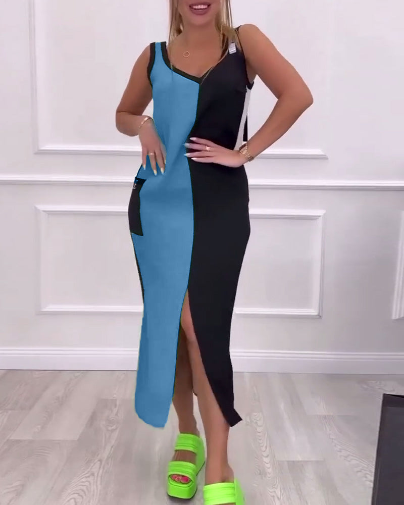 Fashionable Contrast Color Slit Dress