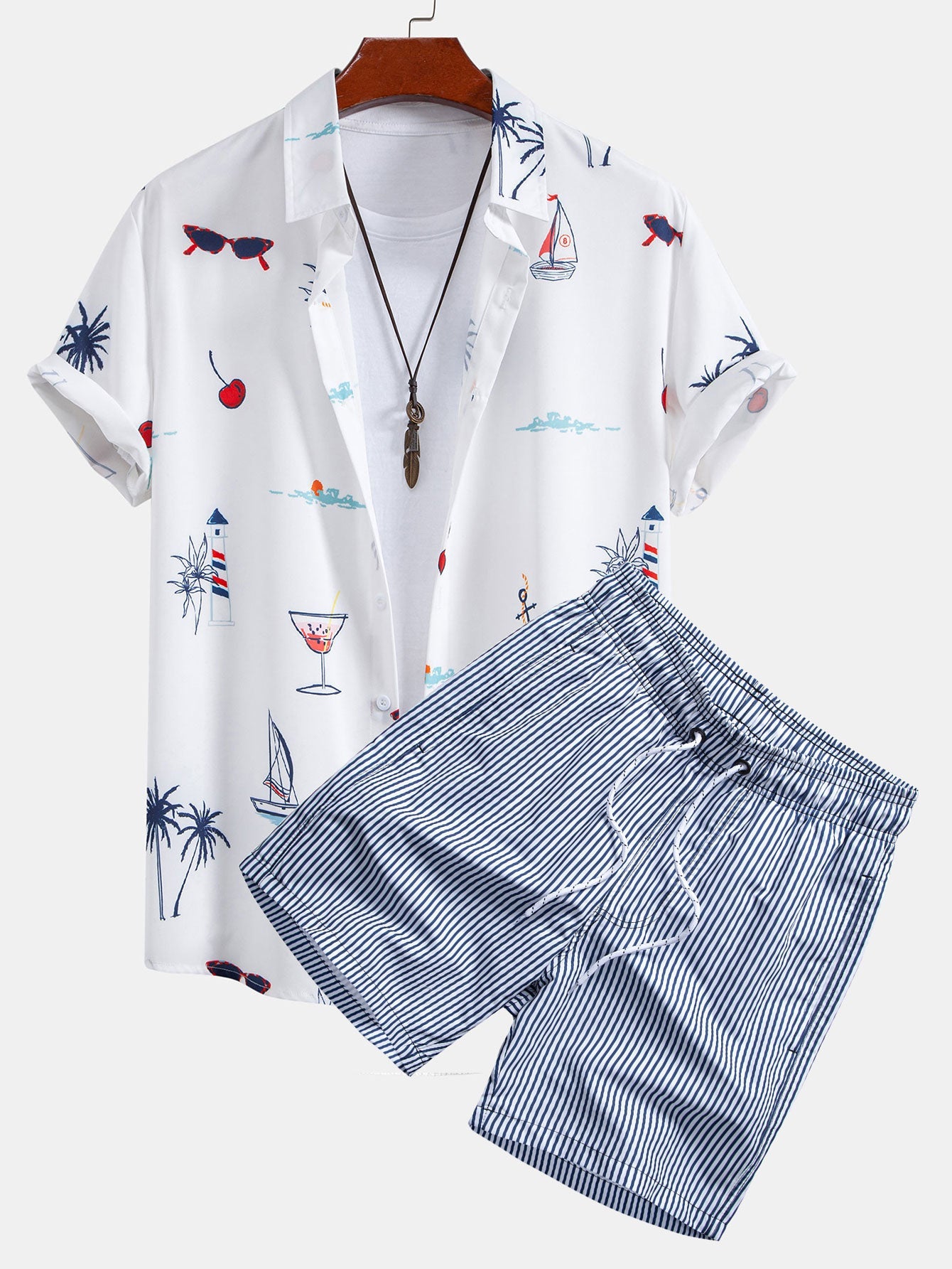 Palm Tree Nautical Print Button Up Shirt & Stripe Print Swim Shorts