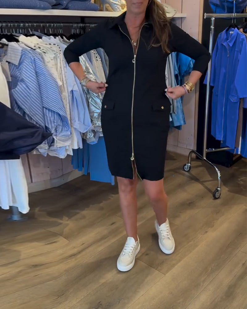 Lapel Solid Color Zipper Long Sleeve Dress