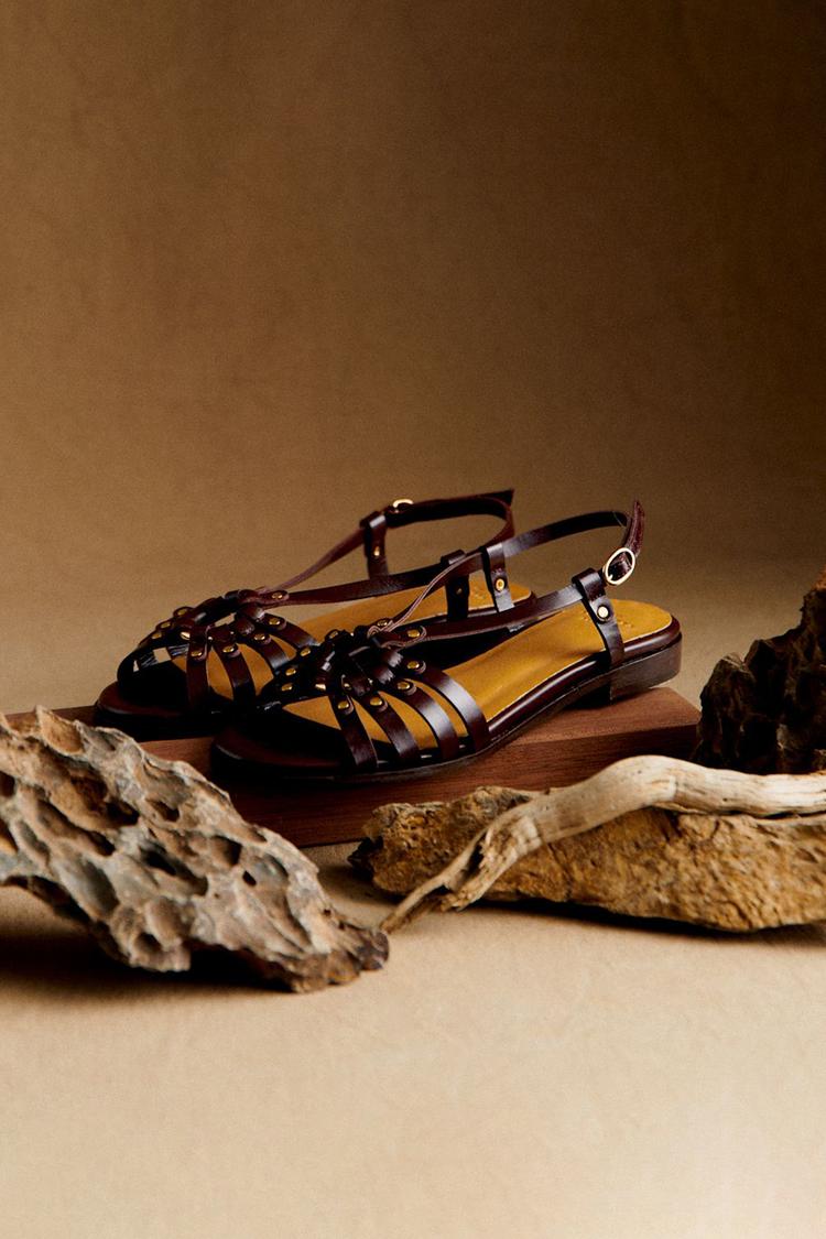 Carlotta dark brown studded open toe sandals detail of woven straps