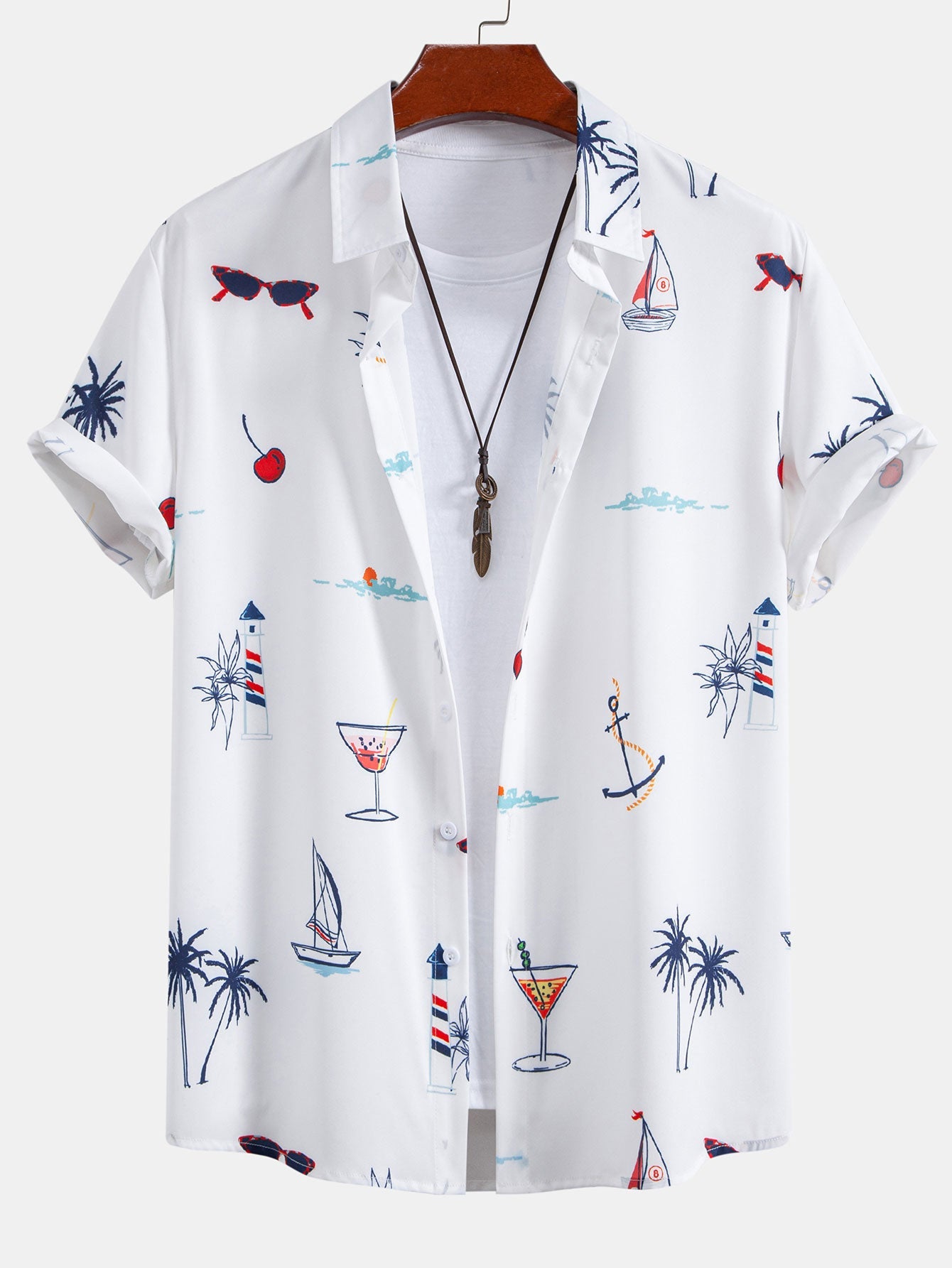Palm Tree Nautical Print Button Up Shirt & Stripe Print Swim Shorts