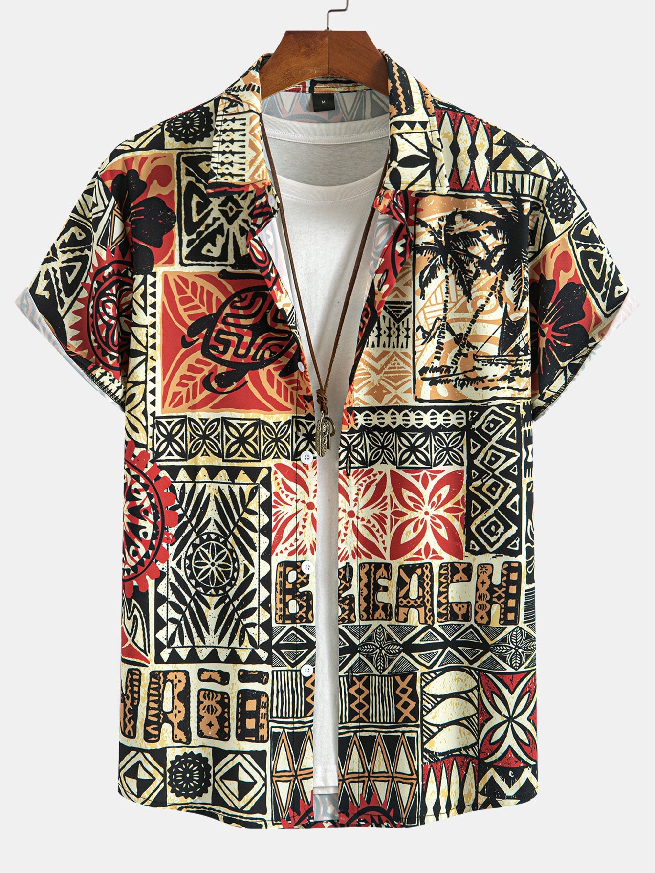 Palm Tree Turtle Ethnic Geometry Print Button Up Shirt