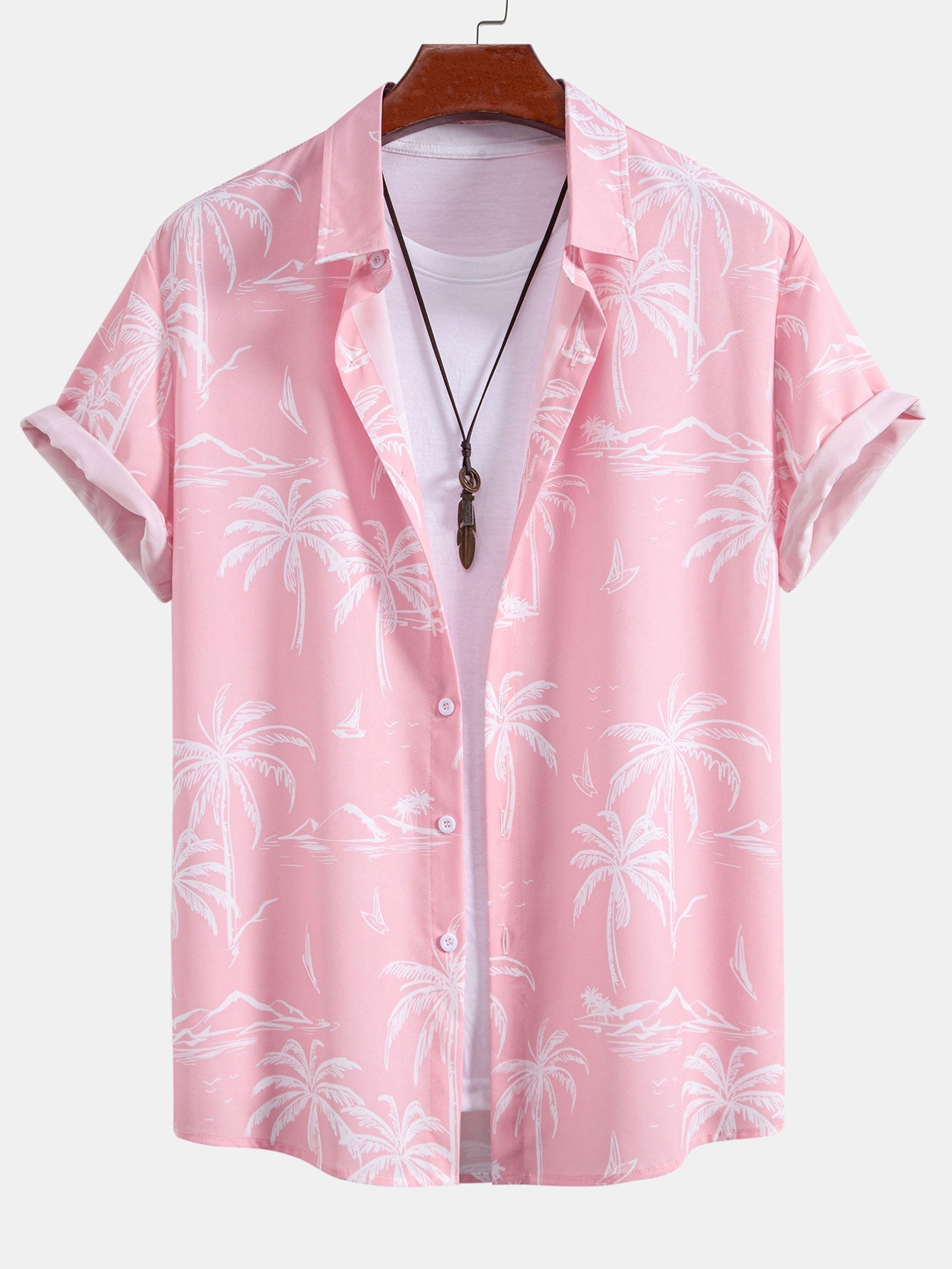 Palm Tree Island Print Button Up Shirt & Drawstring Swim Shorts