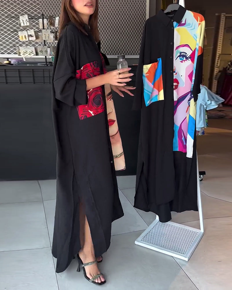 Fashionable rose character print lapel asymmetric dress