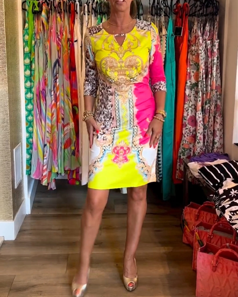 Half-sleeve cutout printed dress