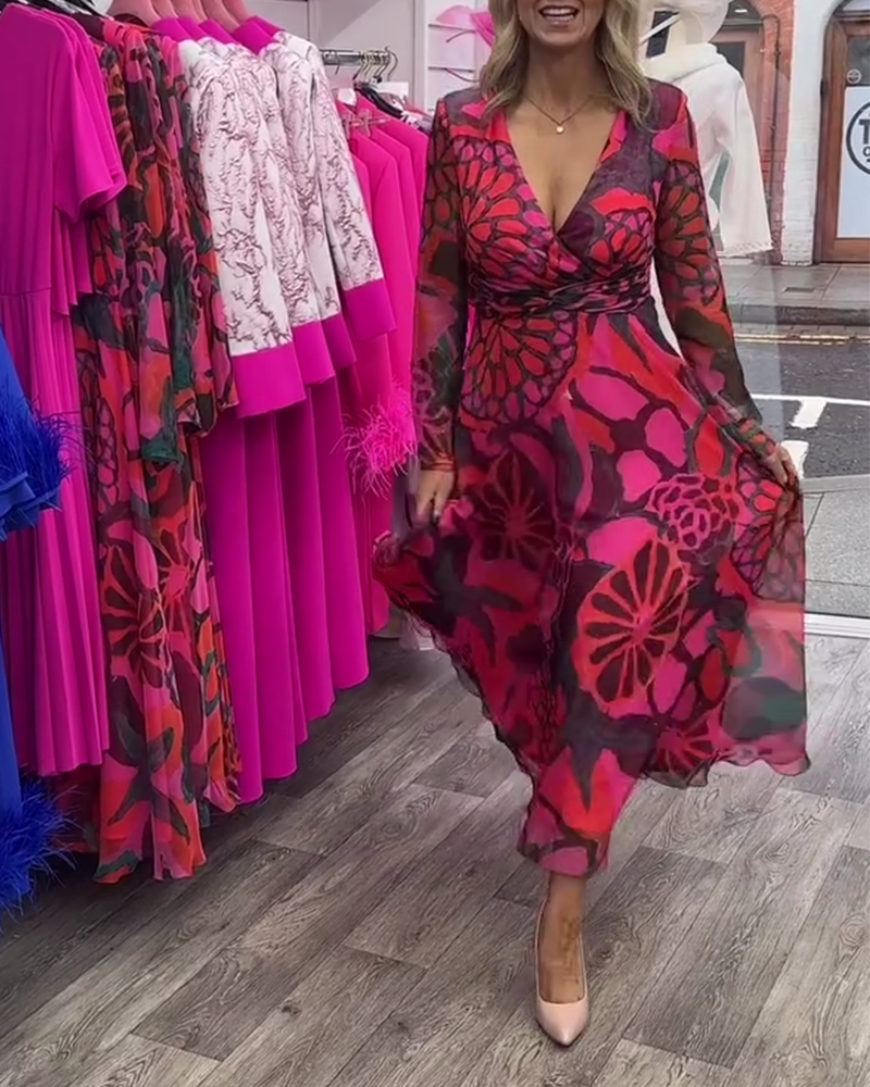 Deep V waisted wide swing dress