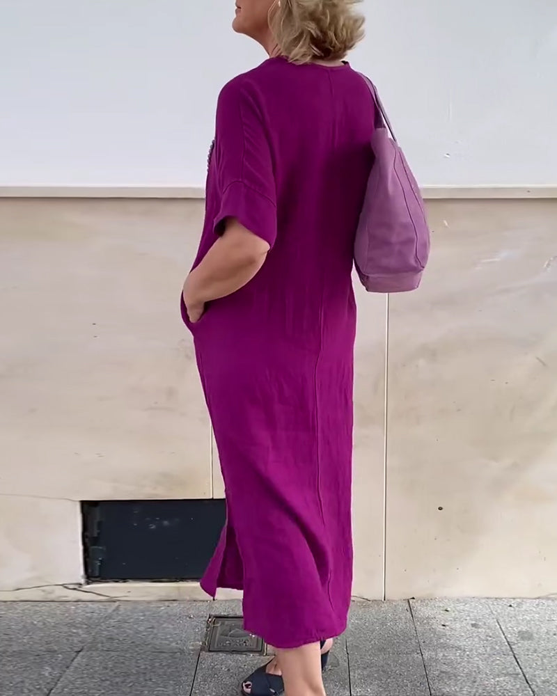 V-Neck Solid Color Simple Long Dress