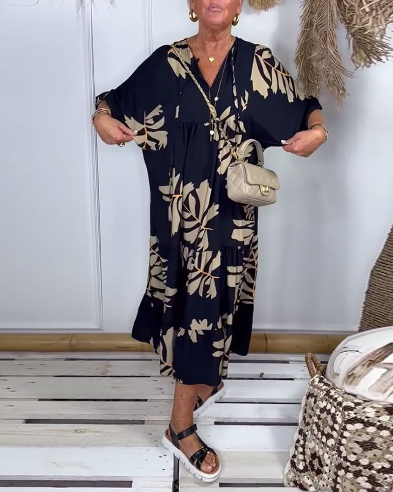 Contrast leaf print casual dress