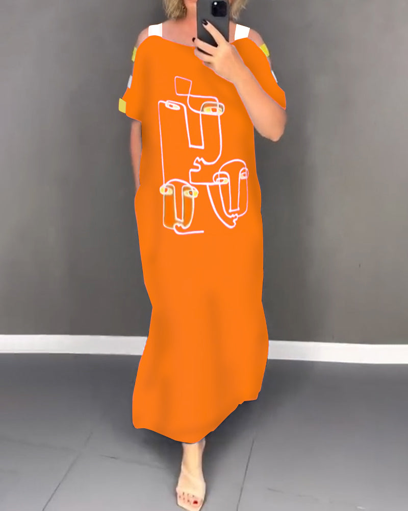 Cold Shoulder Hollow Print Slit Dress