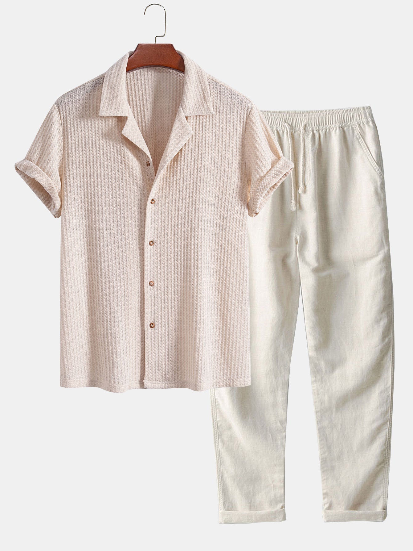 Short Sleeve Knitted Waffle Cuban Shirt & Straight Leg Linen Pants