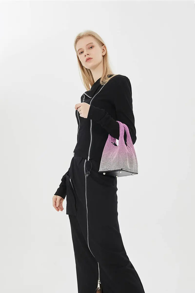 Full Rhinestone Mesh Evening Bucket Bag