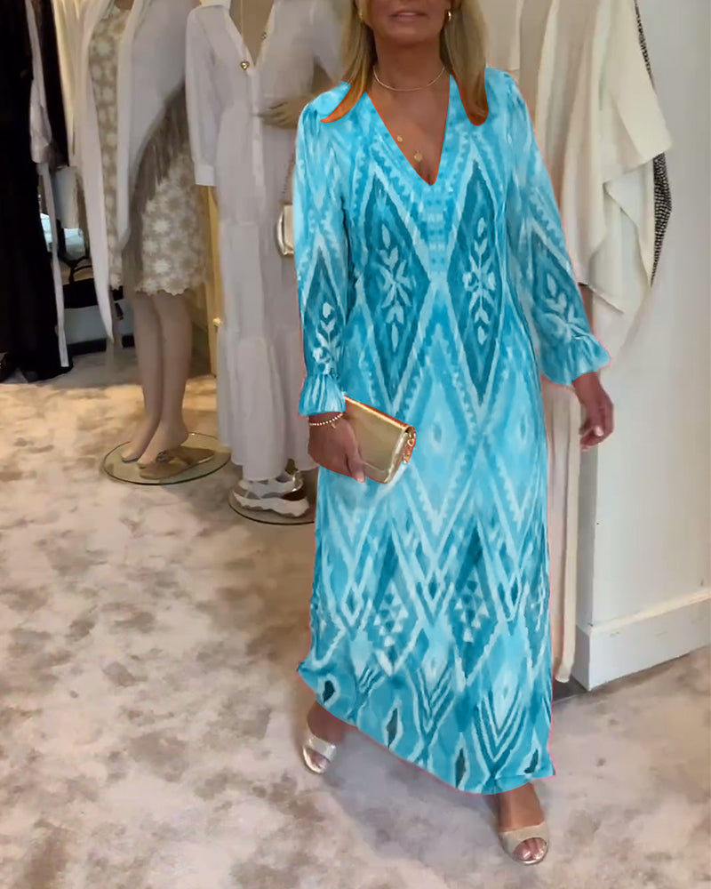 Retro geometric print deep v long sleeve dress