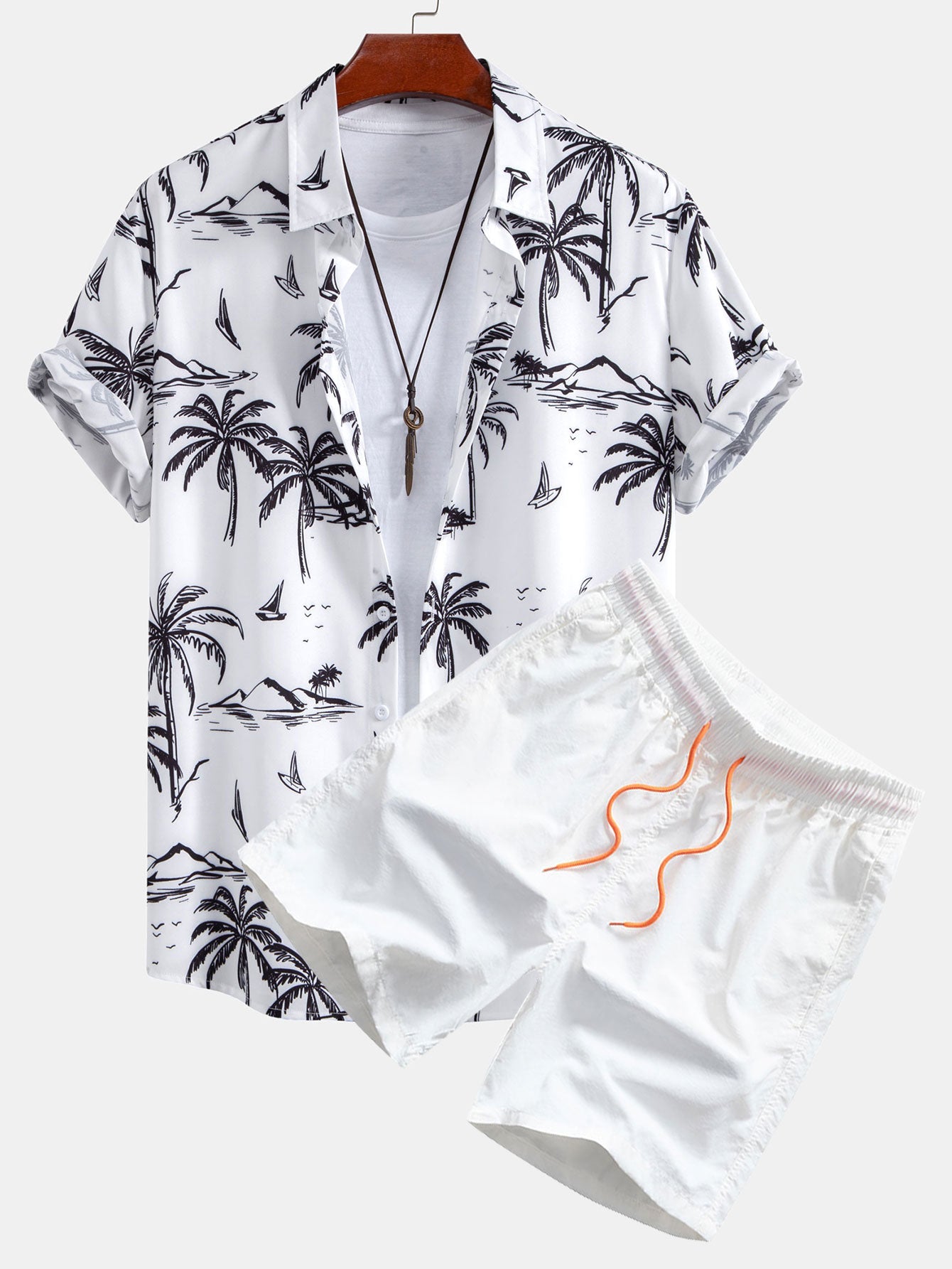 Palm Tree Island Print Button Up Shirt & Drawstring Swim Shorts