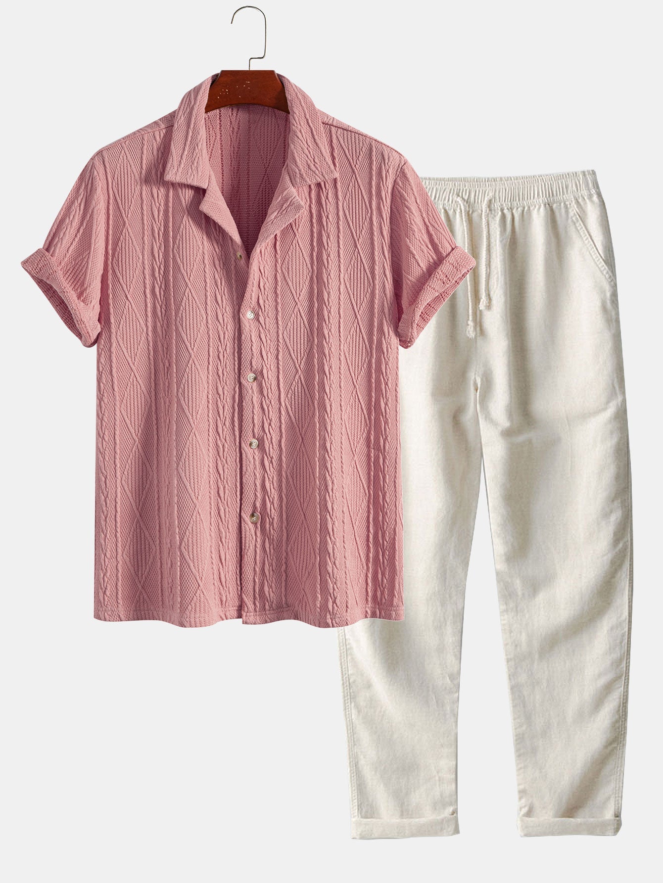 Knitted Geometric Textured Cuban Shirt & Straight Leg Linen Pants