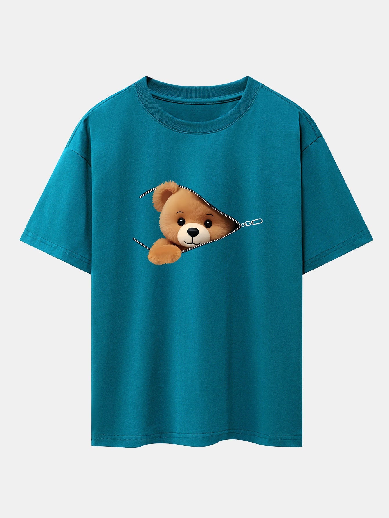 Zipper Bear Print Drop Shoulder Oversize T-Shirt