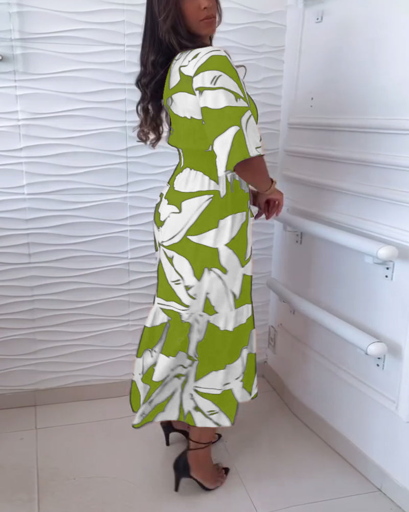 V-neck three-quarter sleeve drawstring elegant dress