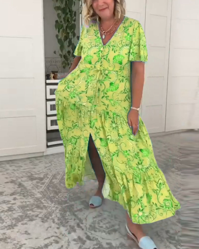 Short-sleeved pocket printed dress