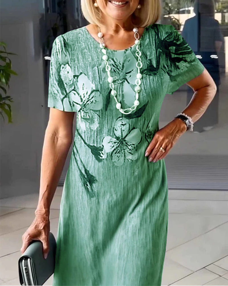 Round Neck Short Sleeve Printed Dress