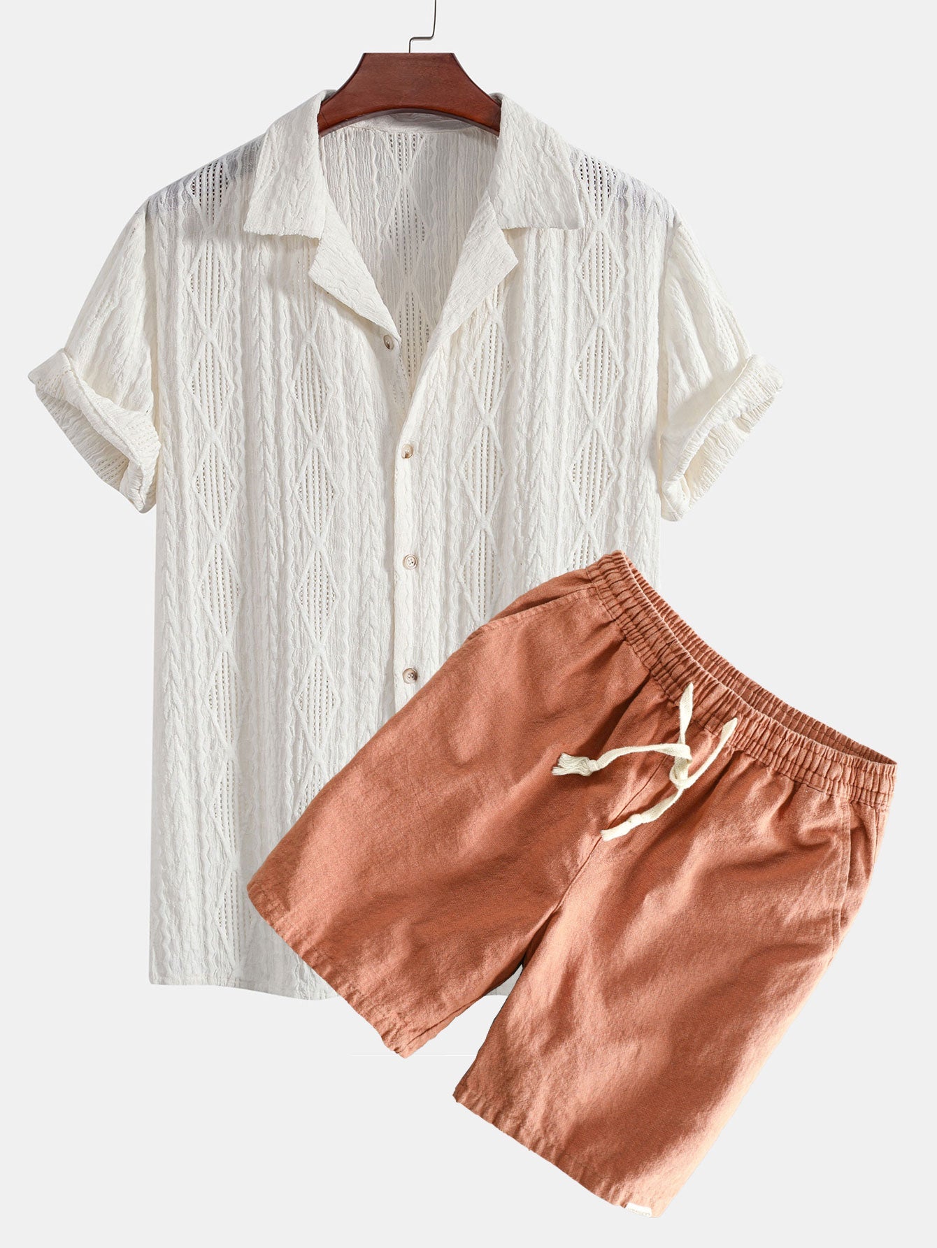 Geometric Jacquard Eyelet Cuban Shirt & Linen Cotton Blend Shorts
