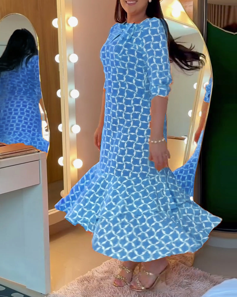 Half Sleeve Round Neck Waist Print Dress