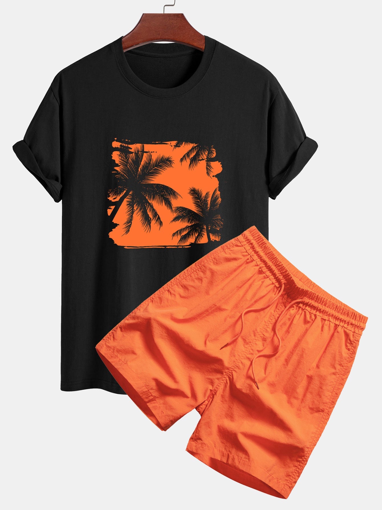 Regular Fit Palm Trees Silhouette Print Cotton T-Shirt & Swim Shorts