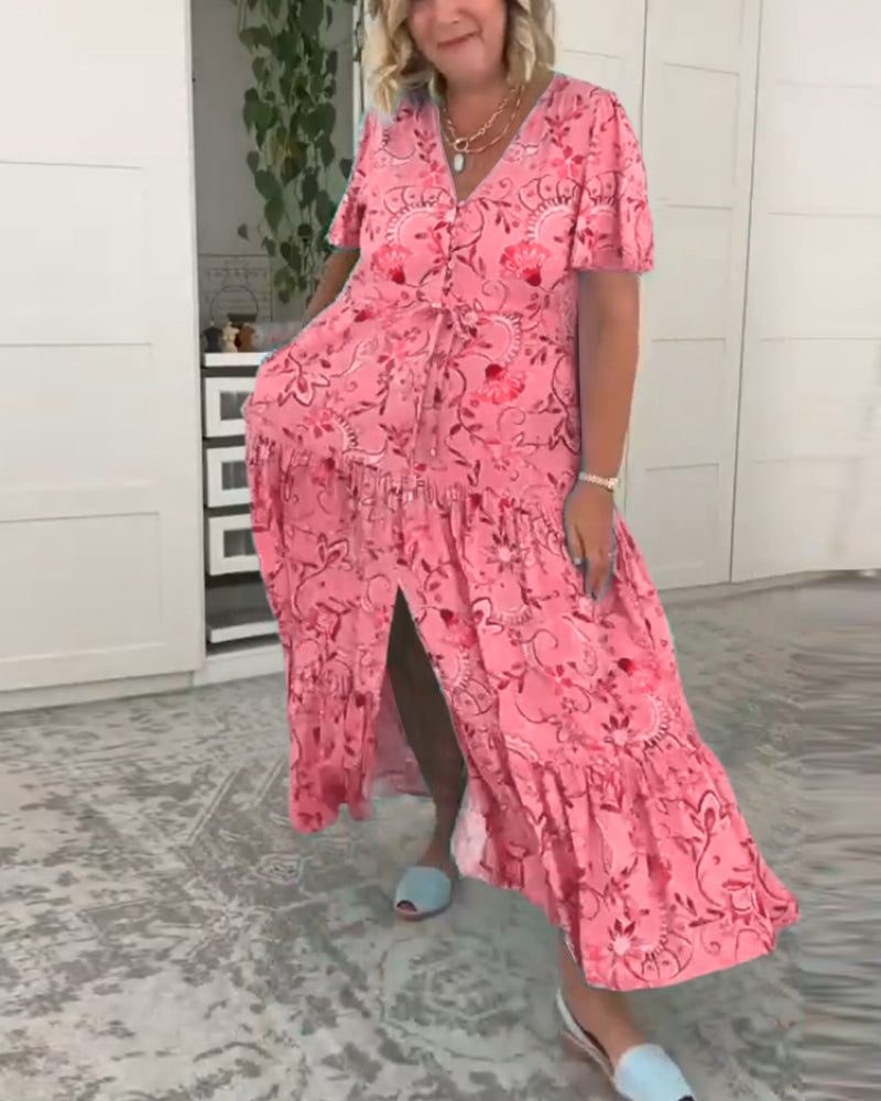 Short-sleeved pocket printed dress