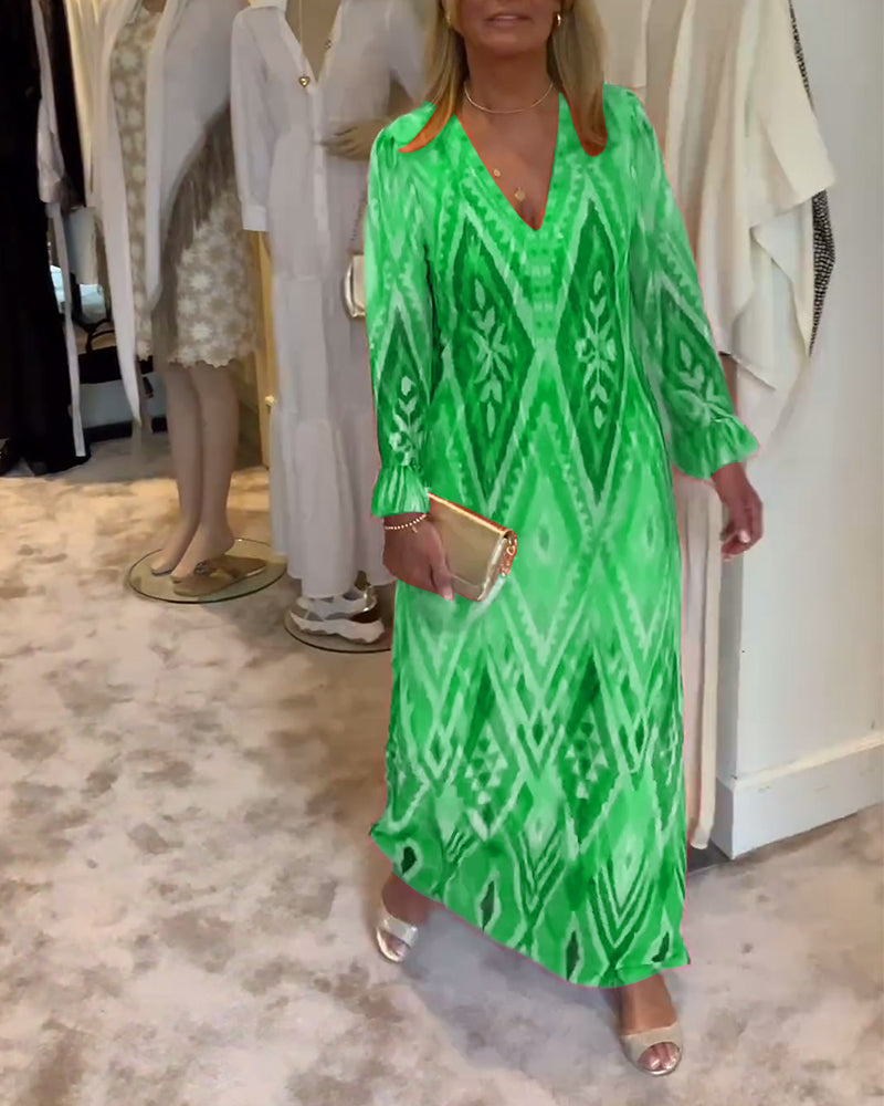 Retro geometric print deep v long sleeve dress