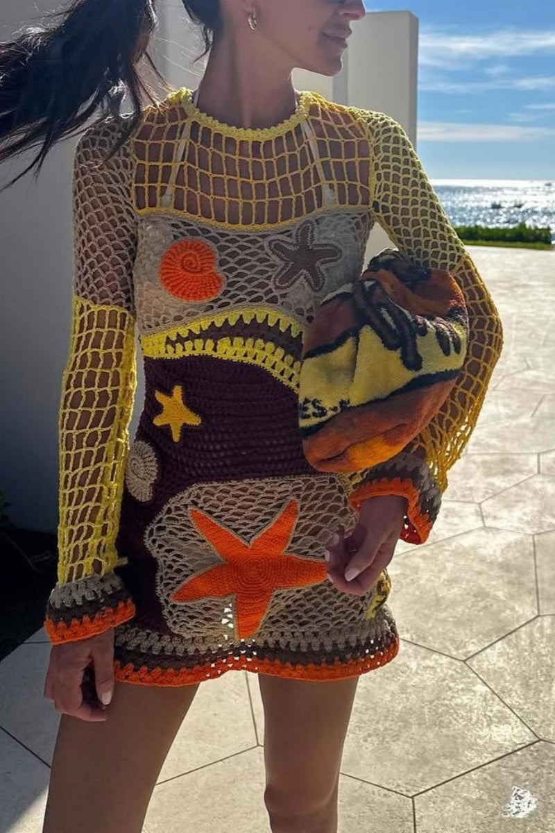 Coral Reef-Inspired Pattern Crochet Mini Dress