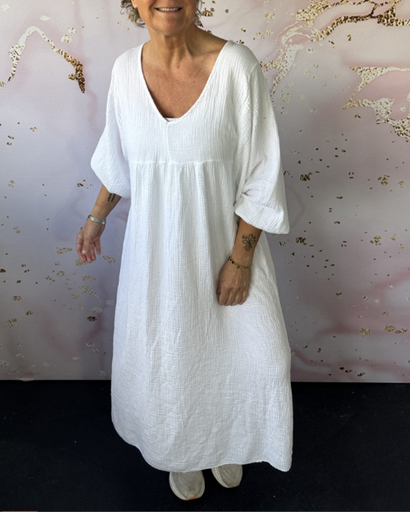 Forest Style V-Neck Pleated Solid Color Dress