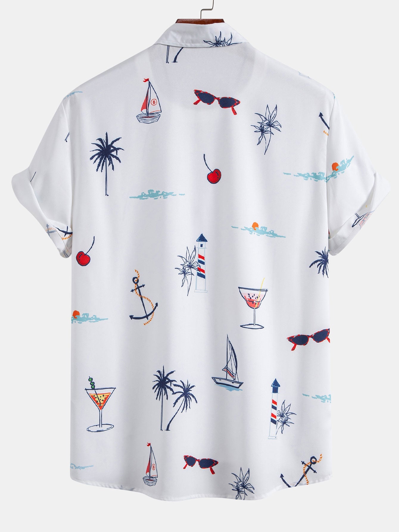 Palm Tree Nautical Print Button Up Shirt & Stripe Print Swim Shorts