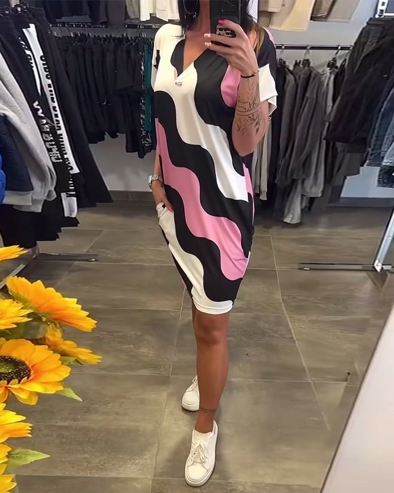 V-Neck Wave Print Dress