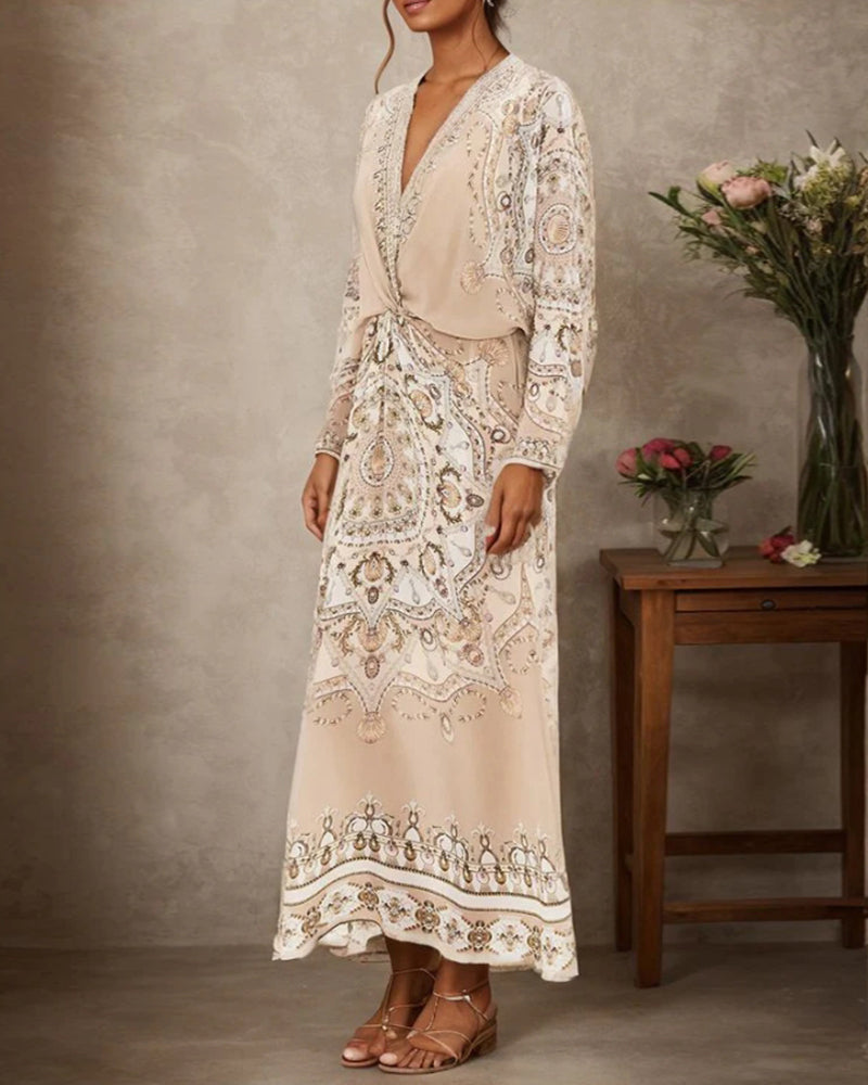 V-neck retro palace style print dress