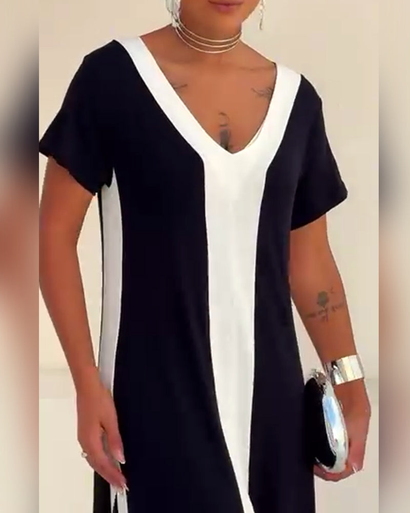Temperament V-Neck Contrast Color Dress