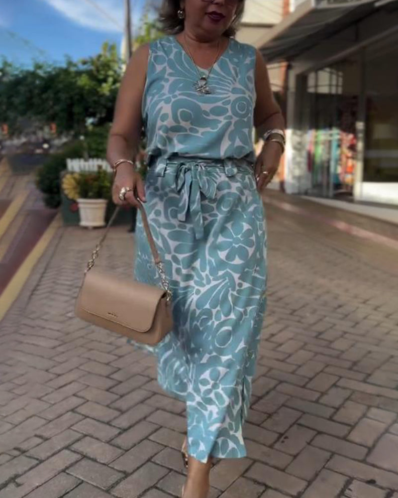 Sleeveless Printed Tie Waist Dress