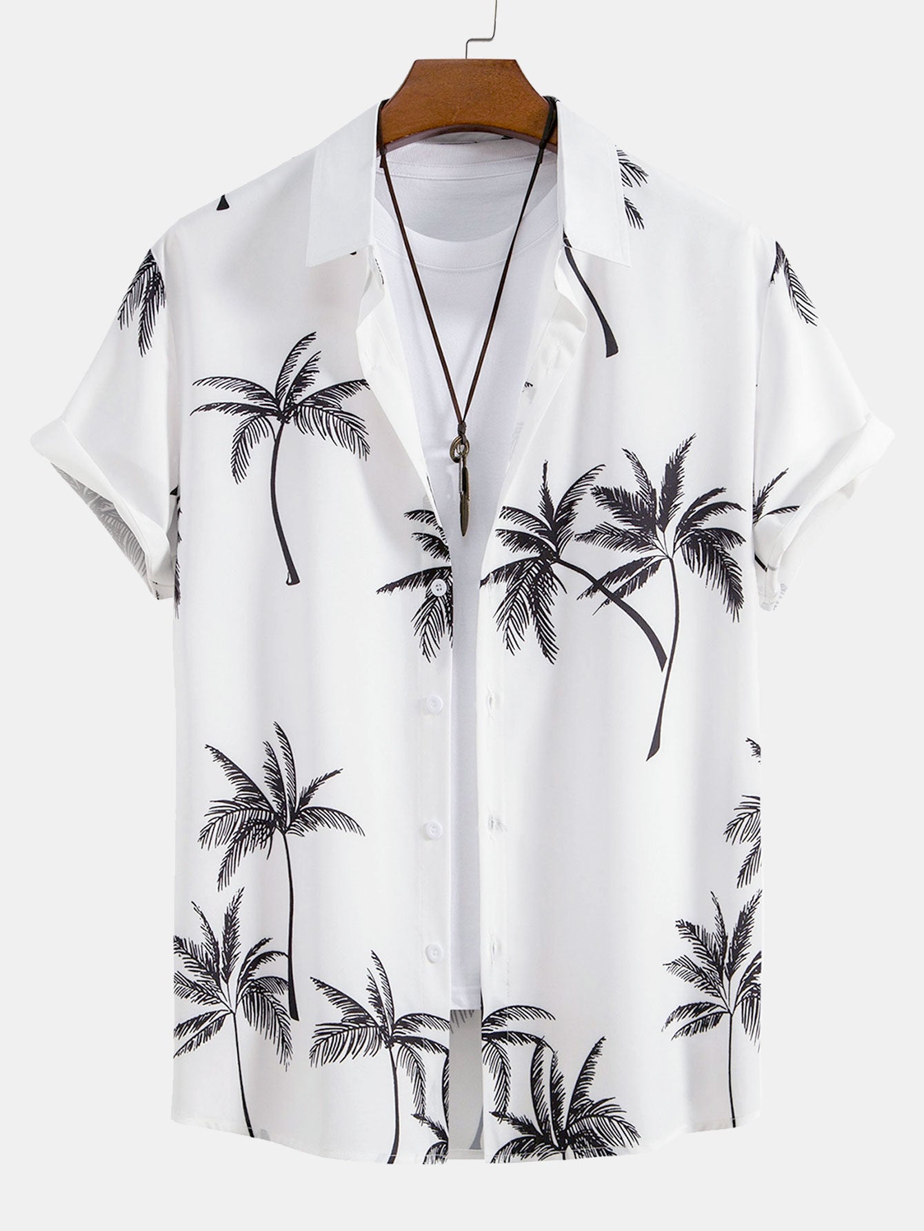 Palm Tree Print Button Up Shirt & Stripe Print Swim Shorts