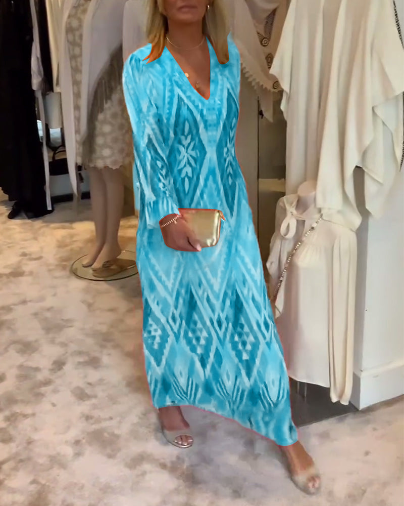 Retro geometric print deep v long sleeve dress