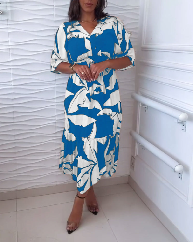 V-neck three-quarter sleeve drawstring elegant dress