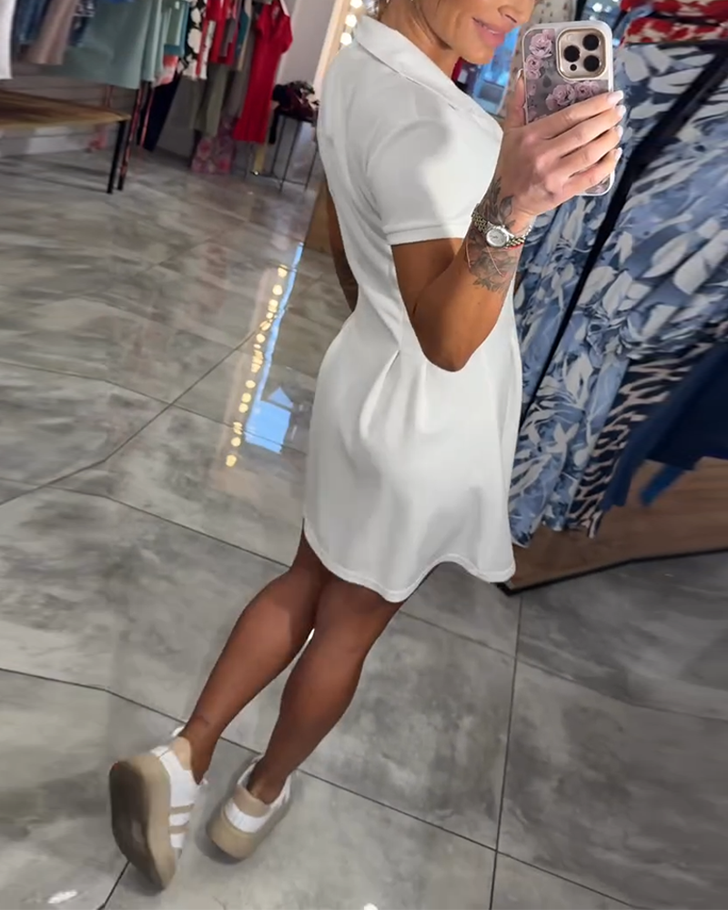 Lapel Short Sleeve Pleated A-Line Dress