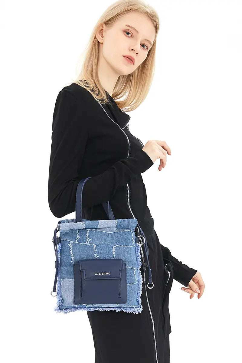 Denim Patchwork Lucky Bucket Crossbody Tote