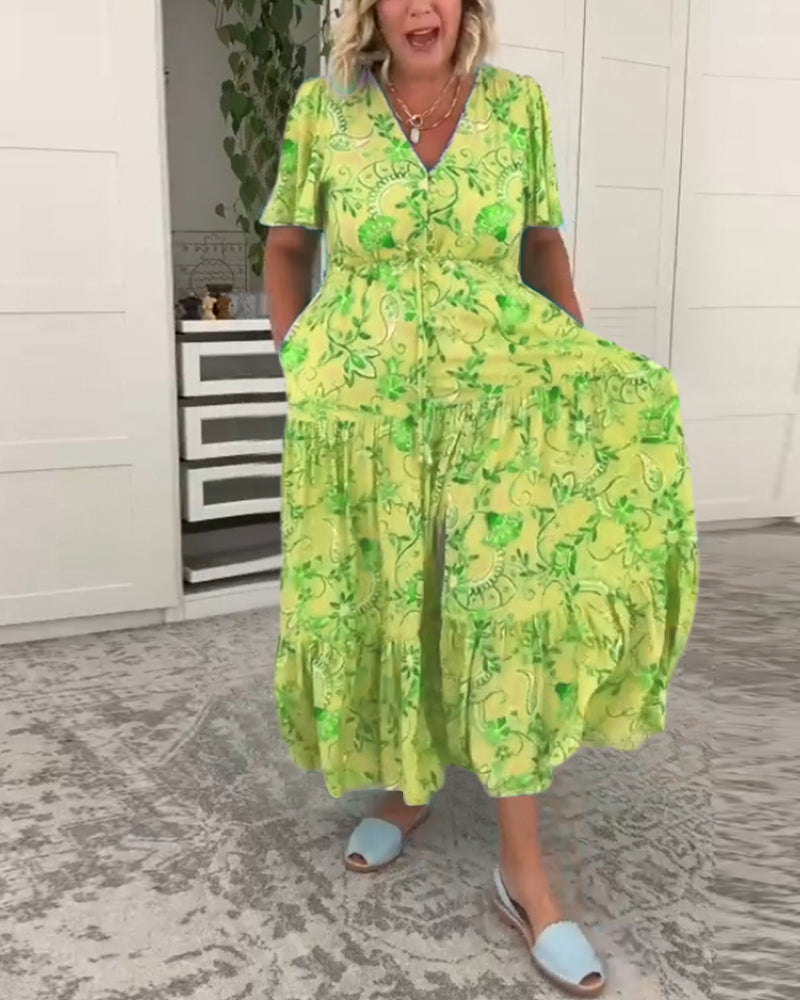 Short-sleeved pocket printed dress