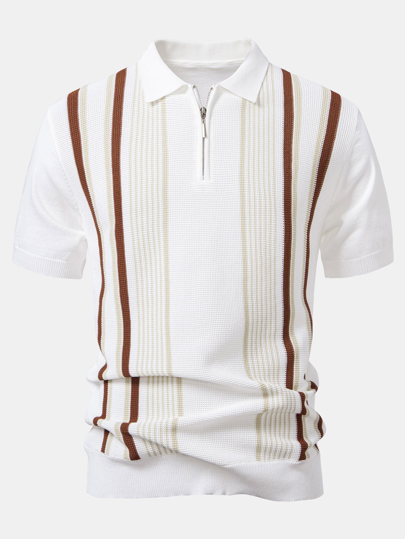 Stripe Knit Zip Up Polo Shirt