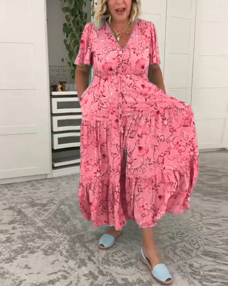 Short-sleeved pocket printed dress