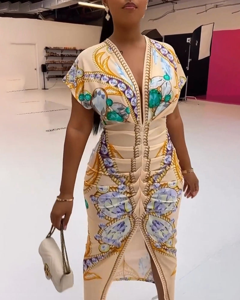 Deep V slit waist printed dress