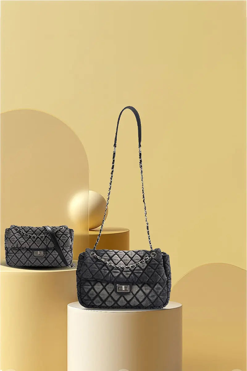 Washed Denim Quilted Chain Crossbody Bag