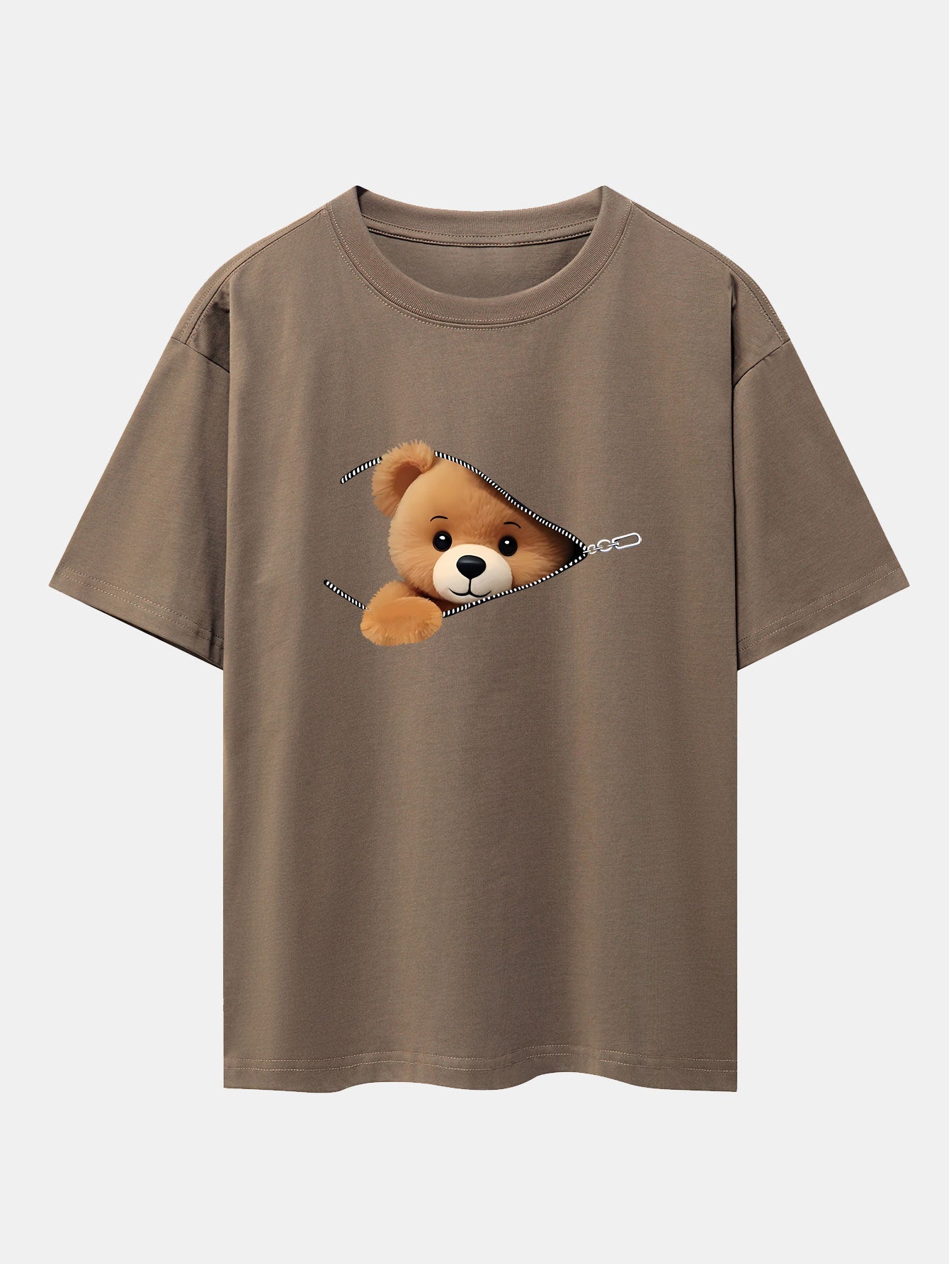 Zipper Bear Print Drop Shoulder Oversize T-Shirt