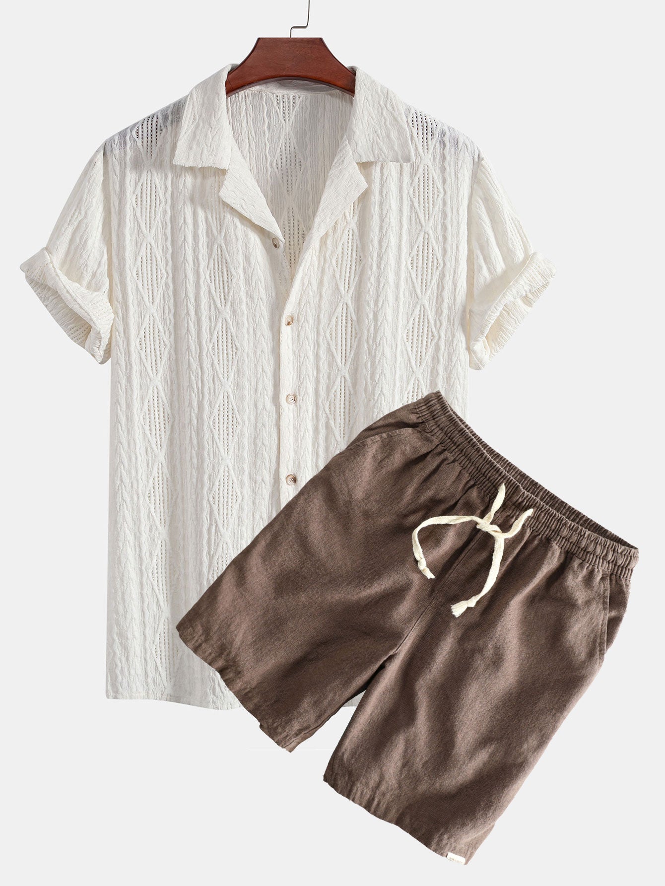 Geometric Jacquard Eyelet Cuban Shirt & Linen Cotton Blend Shorts