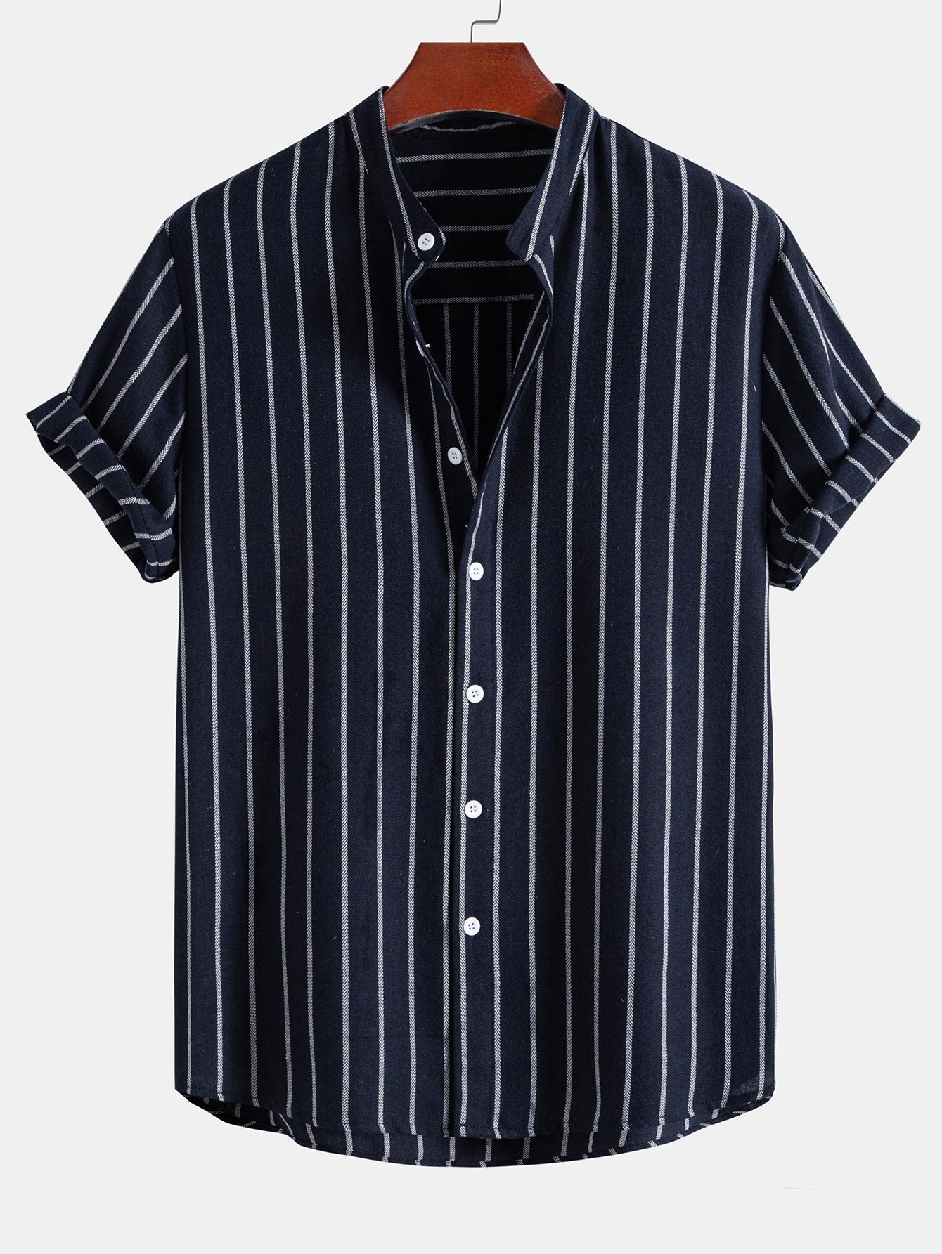 Cotton Blend Striped Stand Collar Shirt